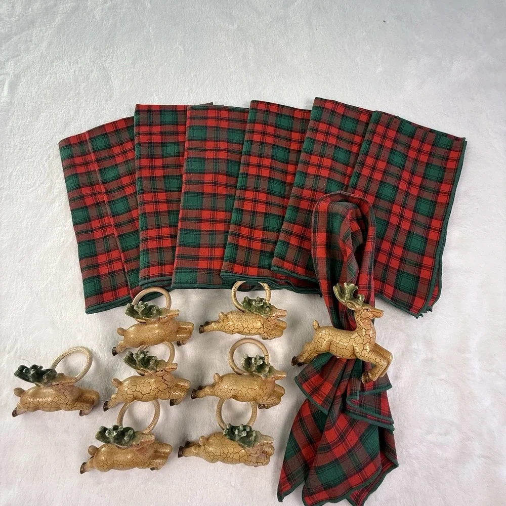 Vintage Christmas Reindeer Napkin Rings Set 8 Tartan Plaid Cloth Napkins Holiday